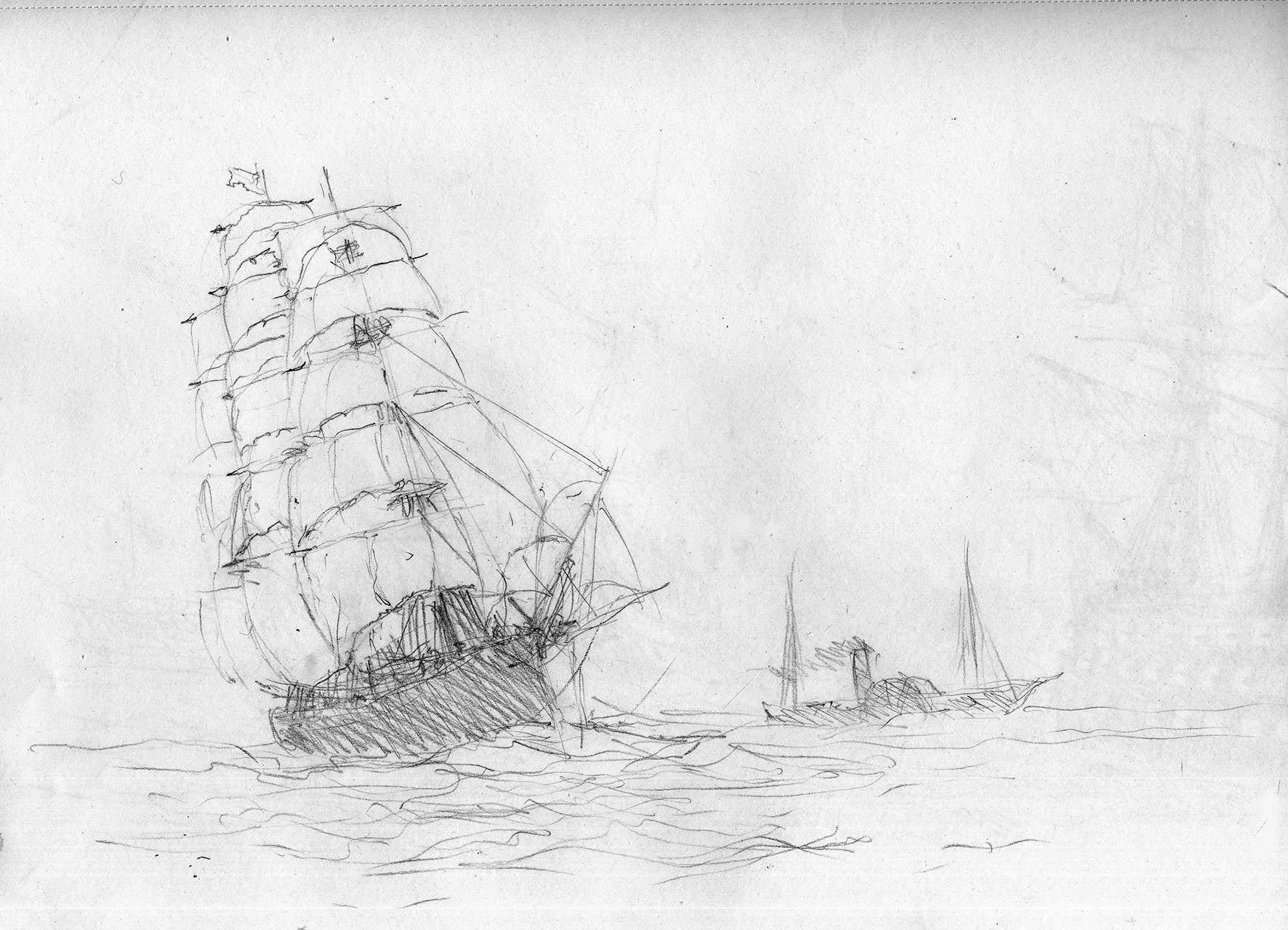 Veliero supera Piroscafo, Pencil on paper