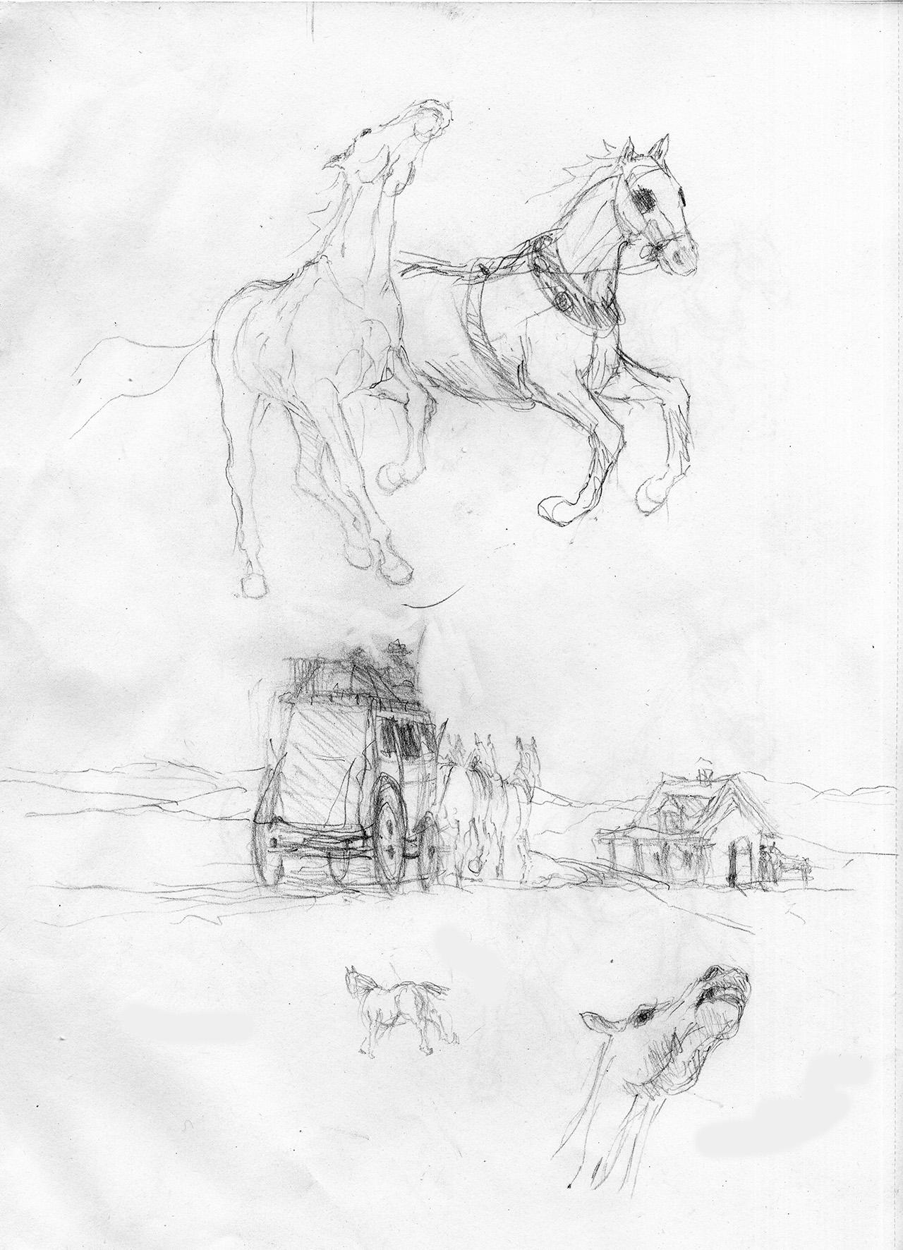 Bozzetto Cavalli e Diligenza, Pencil on paper